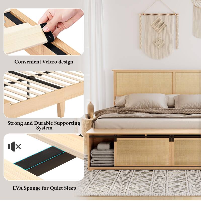 Natural Rattan King Size Bed Frame with Sliding Barn Door Storage Cabinets and Headboard