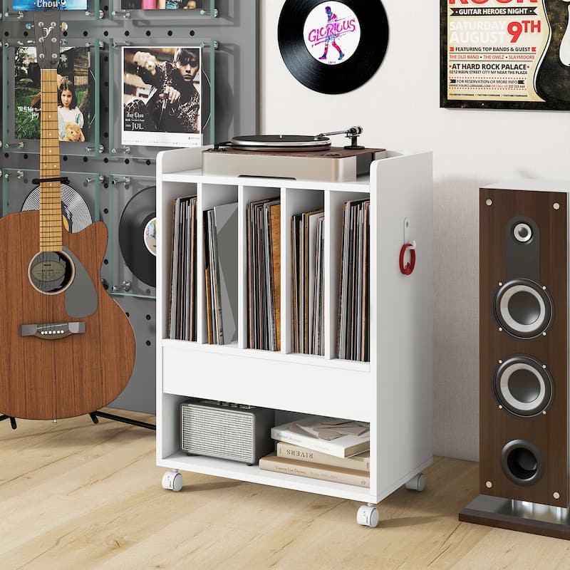 Gymax Record Player Stand on Wheels w/ Pull-out Drawer & Open Shelf