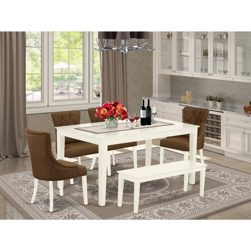 6-Piece Dining Set - Rectangular Table, 4 Parsons Chairs & Bench - Linen White Finish - 60