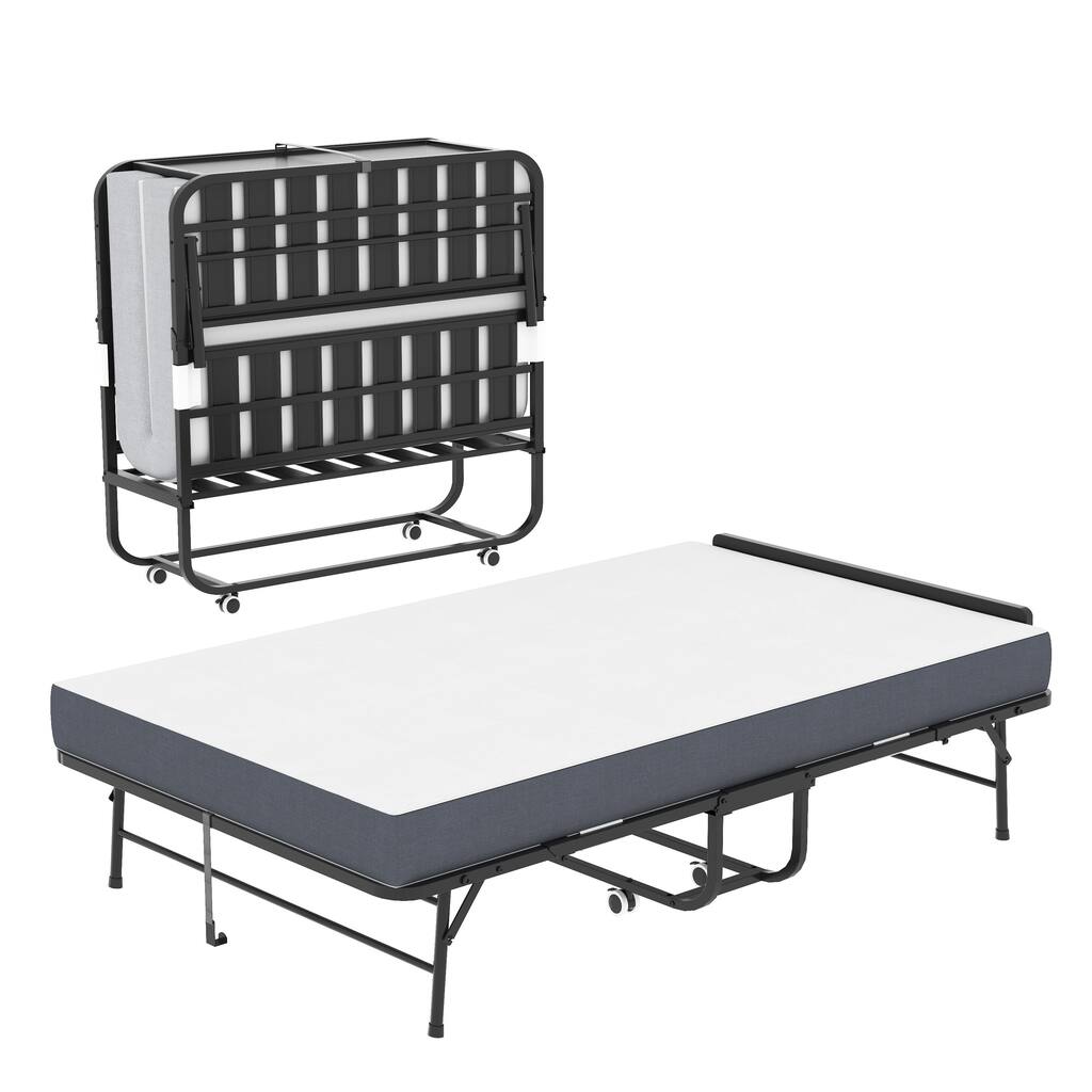 75" Wide Folding Bed with Adjustable Headboard, Extra Long Rollaway Bed, 5" Memory Foam Mattress, Heavy-Duty Guest Bed