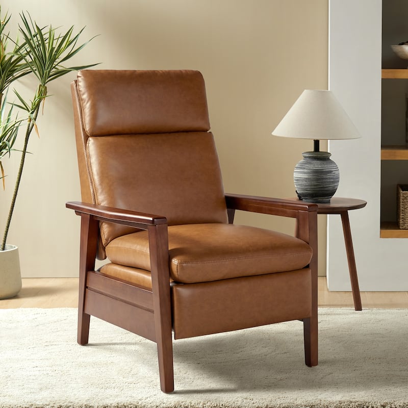 Patrick Mid-century Vegan Leather Solid Wood Recliner by HULALA HOME - Camel