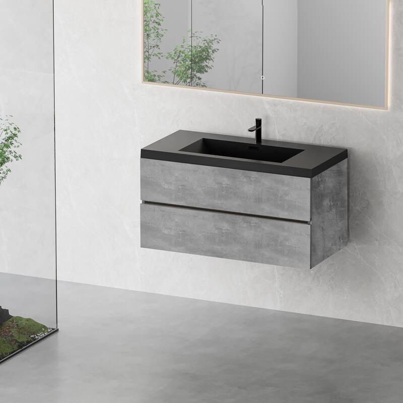 GDFStudio - Carter Floating Bathroom Vanity with Quartz Sand Countertop & Soft-Close Drawers