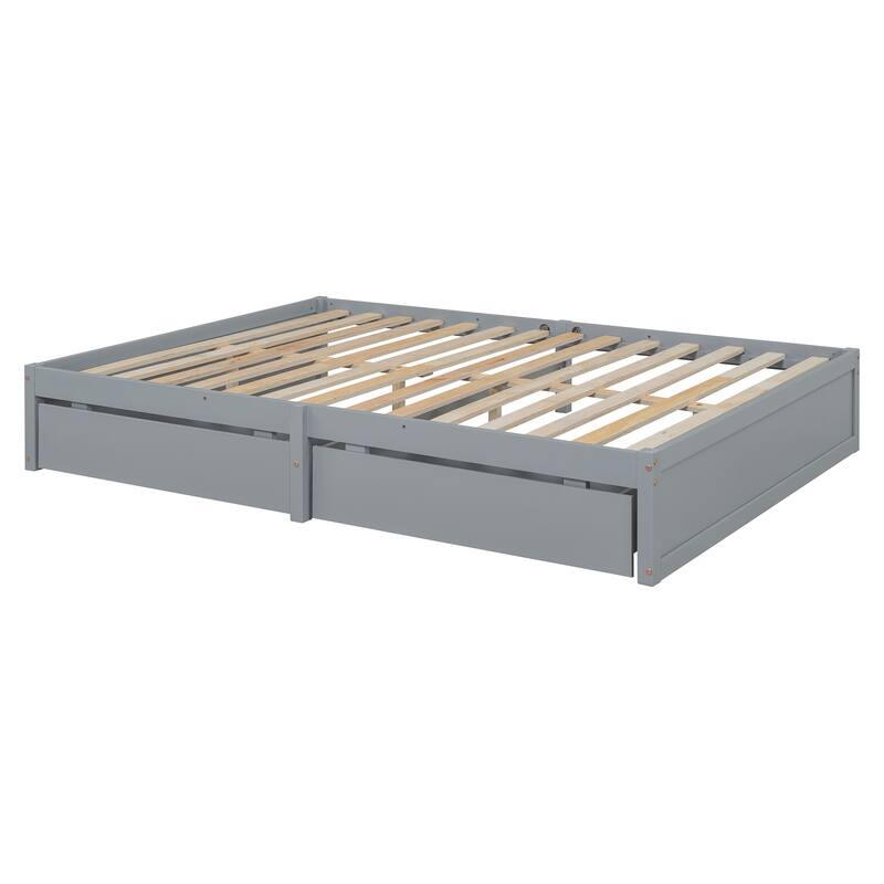 Full Size Wood Daybed with Fence Guardrails and 2 Drawers, Converts to Floor Bed or Daybed, Gray
