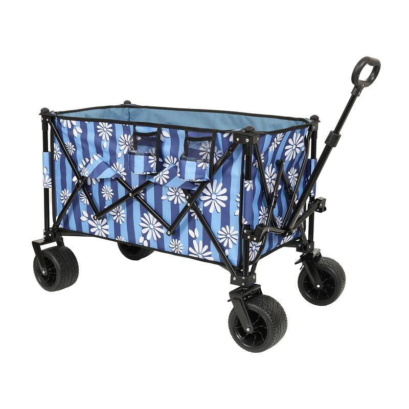 Heavy-Duty 480lbs Folding Wagon Cart with Bonus Picnic Mat - All-Terrain Beach Wheels, Drink Holders,Brakes & Side Pocket