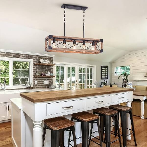5-Light Farmhouse Linear Chandelier - Wood & Metal, Adjustable Height, For Kitchen Island Or Dining Room