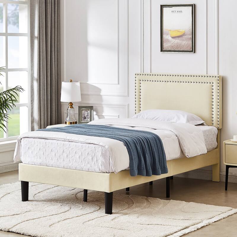 Upholstered Platform Bed Frame with Adjustable Headboard, Velvet Nailhead Trim, No Box Spring Needed