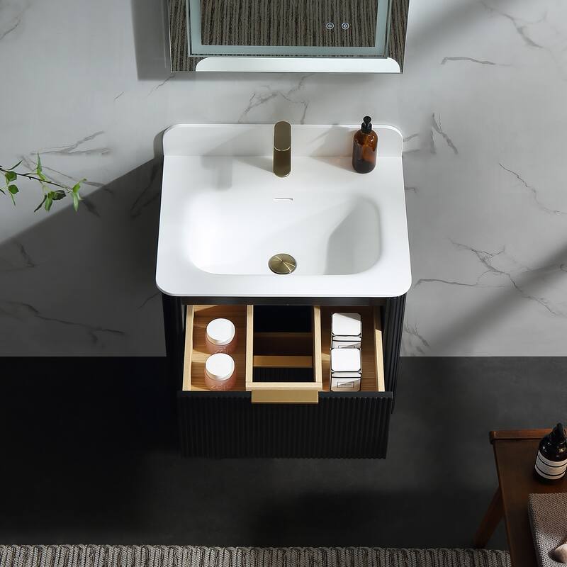 Modland Fluted Floating Vanity with Sink, Plywood Wall Mount Cabinet, Curved Edge, 24/30/36 Inch