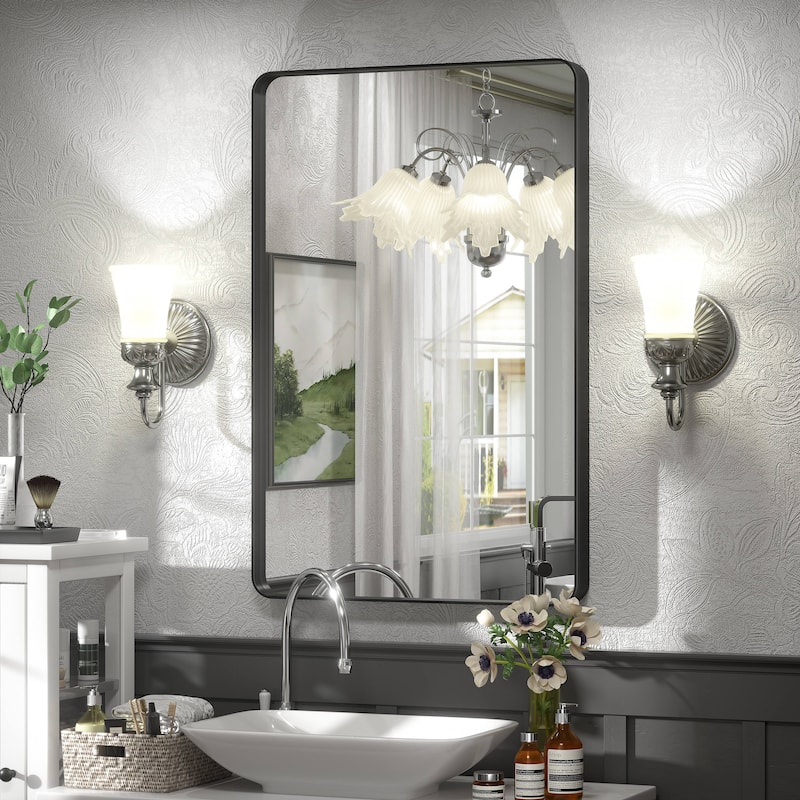 Aluminum Alloy Framed French Cleat Mounted Tempered Glass Wall Vanity Mirror - 30" x 20" - Black