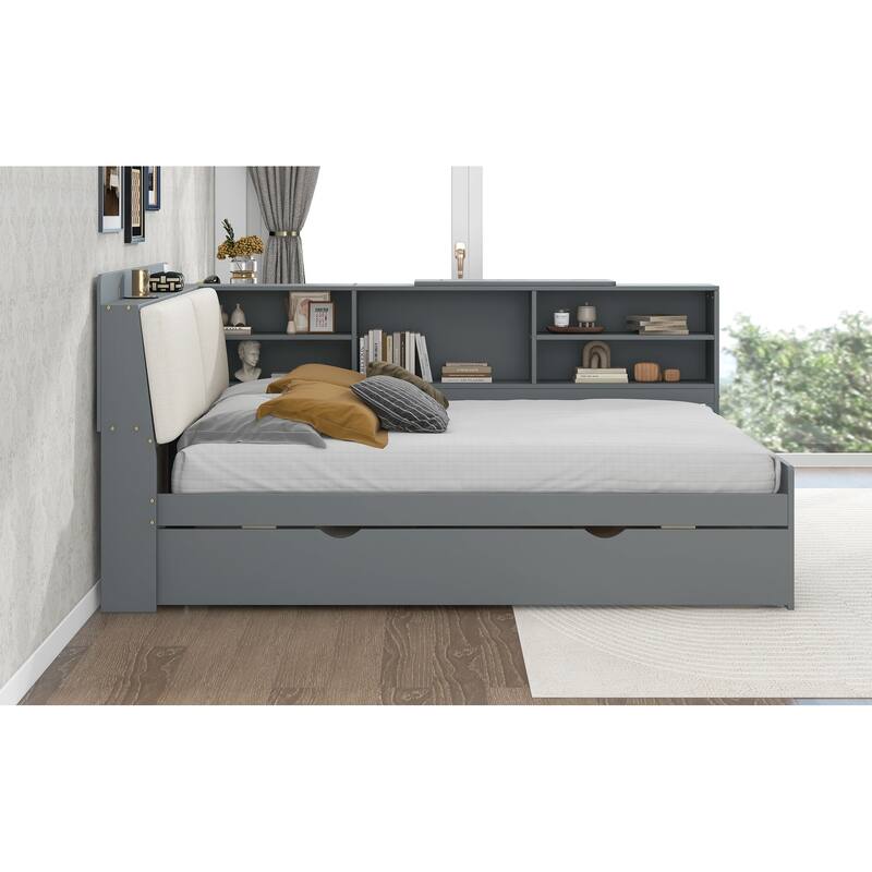 Full Size Wood Platform Bed with Trundle, Storage Headboard, Built-in Shelves, Upholstered Backrest, and Rotatable Board