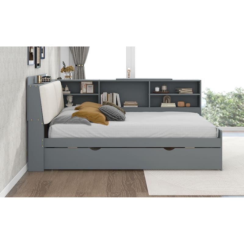 Wood Full Size Platform Bed, Storage Daybed Frame with Trundle, Shelves & Storage Upholstered Headboard, L Shaped Full Floor-Bed