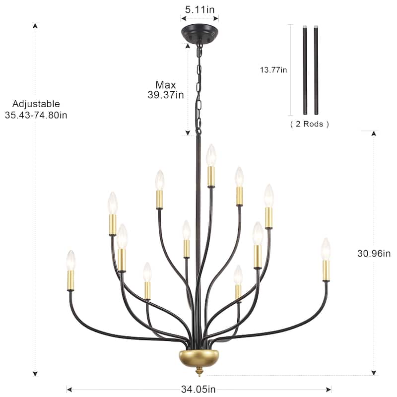 12 - Light Candle Style Chandelier ,Classic Farmhouse Chandelier with Lotus Shaped for Kitchen Island Living Dining Room