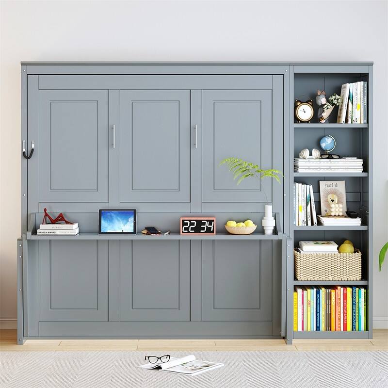Full/Queen Size Murphy Bed with Bulit-in Desk and Bookshelf, Foldable Murphy Cabinet Bed with Open Storage Shelves