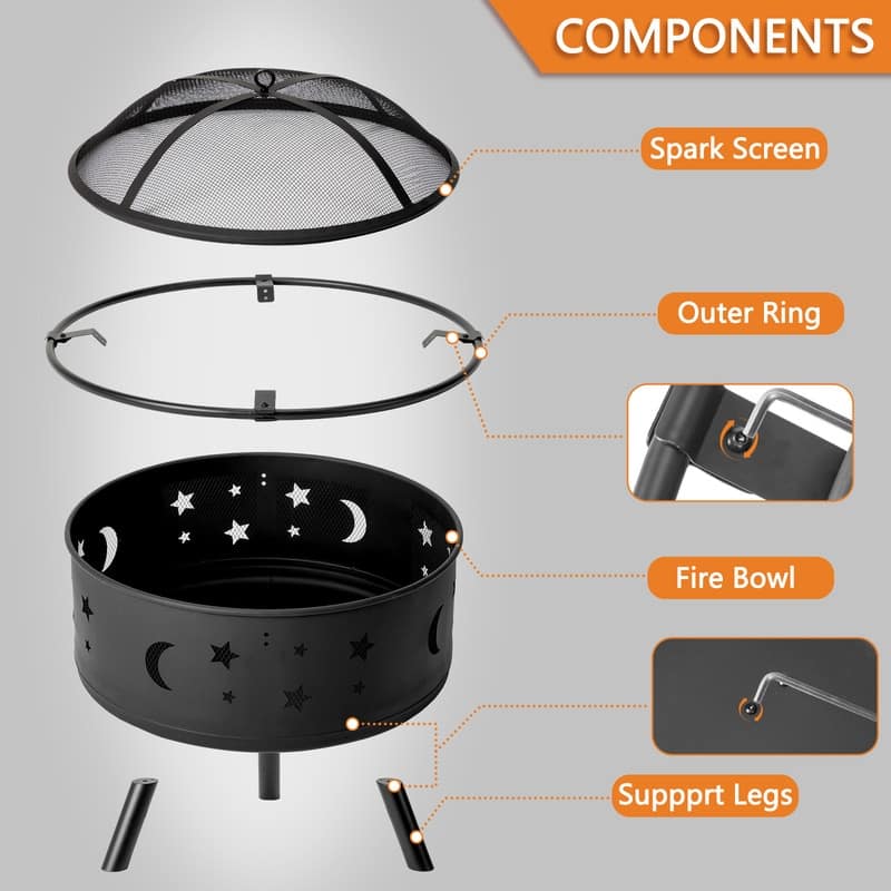 30-inch Outdoor Fire Pit with Beautiful Star and Moon Cutouts - 29.92"D x 29.92"W x 22.44"H