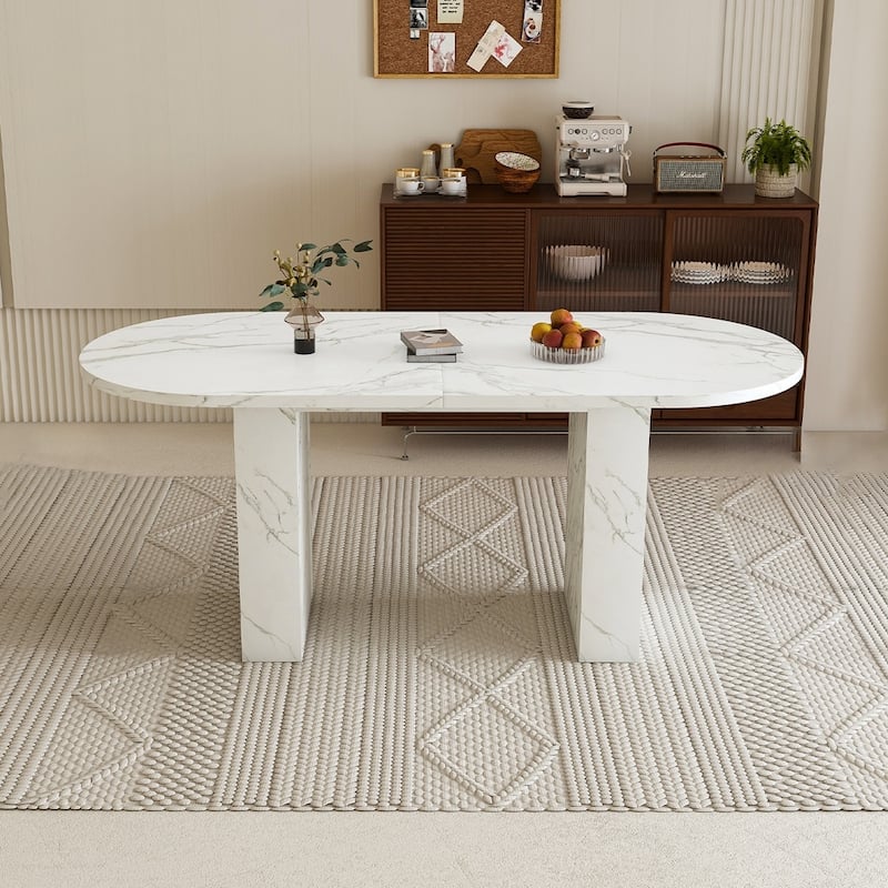 62.9" Oval Marble Top Kitchen Dining Table with Wood Strip Base and Waterproof Scratch Resistant Surface