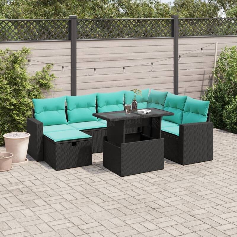 vidaXL Patio Sofa Set with Cushions and Table Outdoor Garden 8 Piece Poly Rattan - 24.4" x 24.4" x 27.2" - Black