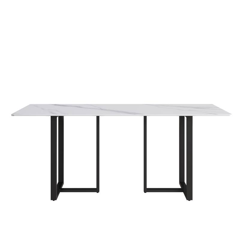 71" White Marble Dining Table for 6-8,Rectangular Tabletop and Triangular Carbon Steel Legs