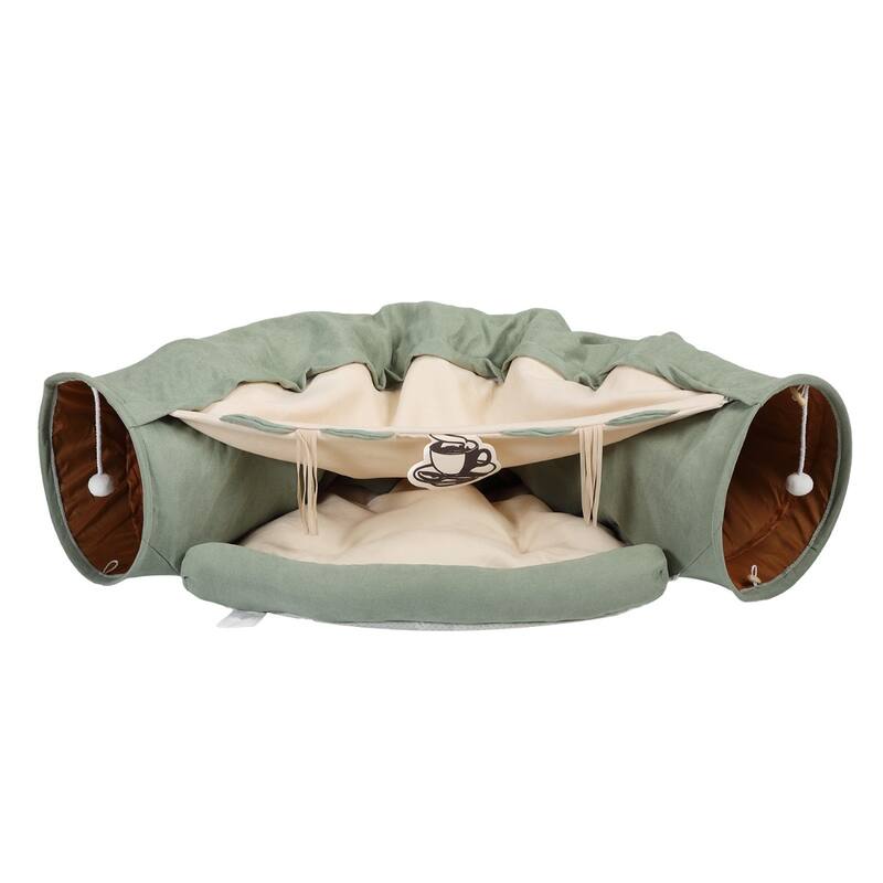 Cat's Telescopic Tunnel Cushioned Bed Pet Nest Teasing Balls Zipper Connection Feline Supplies, Yellow - Green