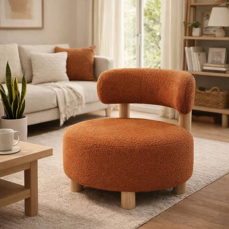 Zona Accent Chair, Barrel Back, Orange Boucle Fabric and Brown Wood