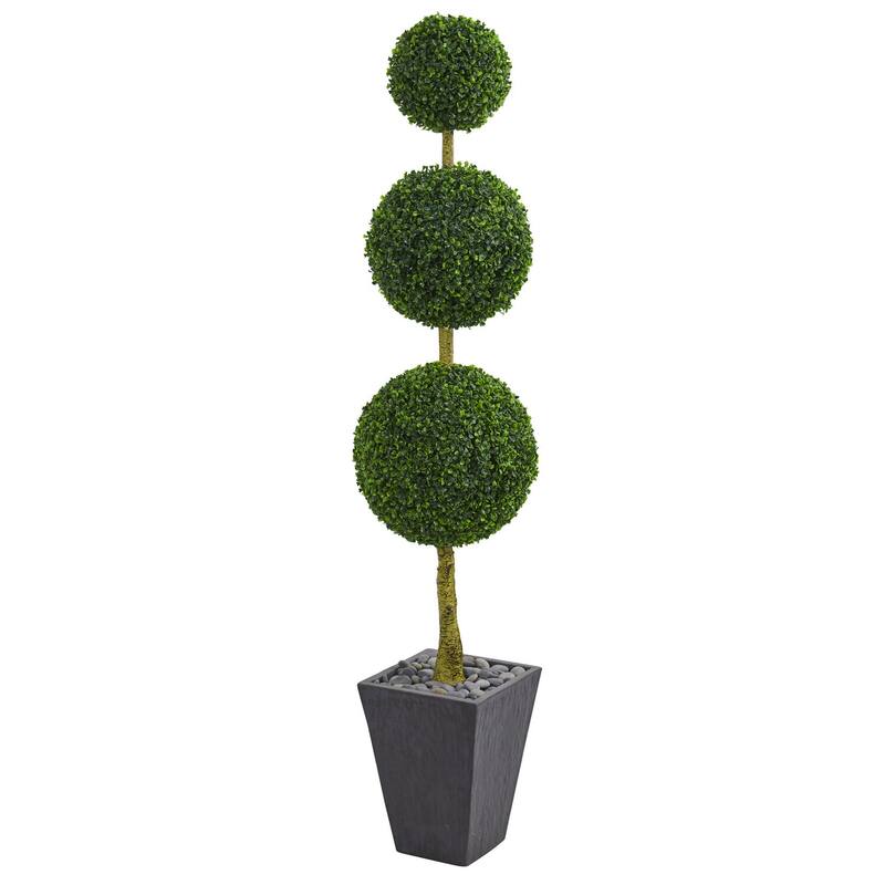 6ft Boxwood Triple Ball Topiary Artificial Tree in Slate Planter with UV Resistant Greenery for Elegant Walkway Decor