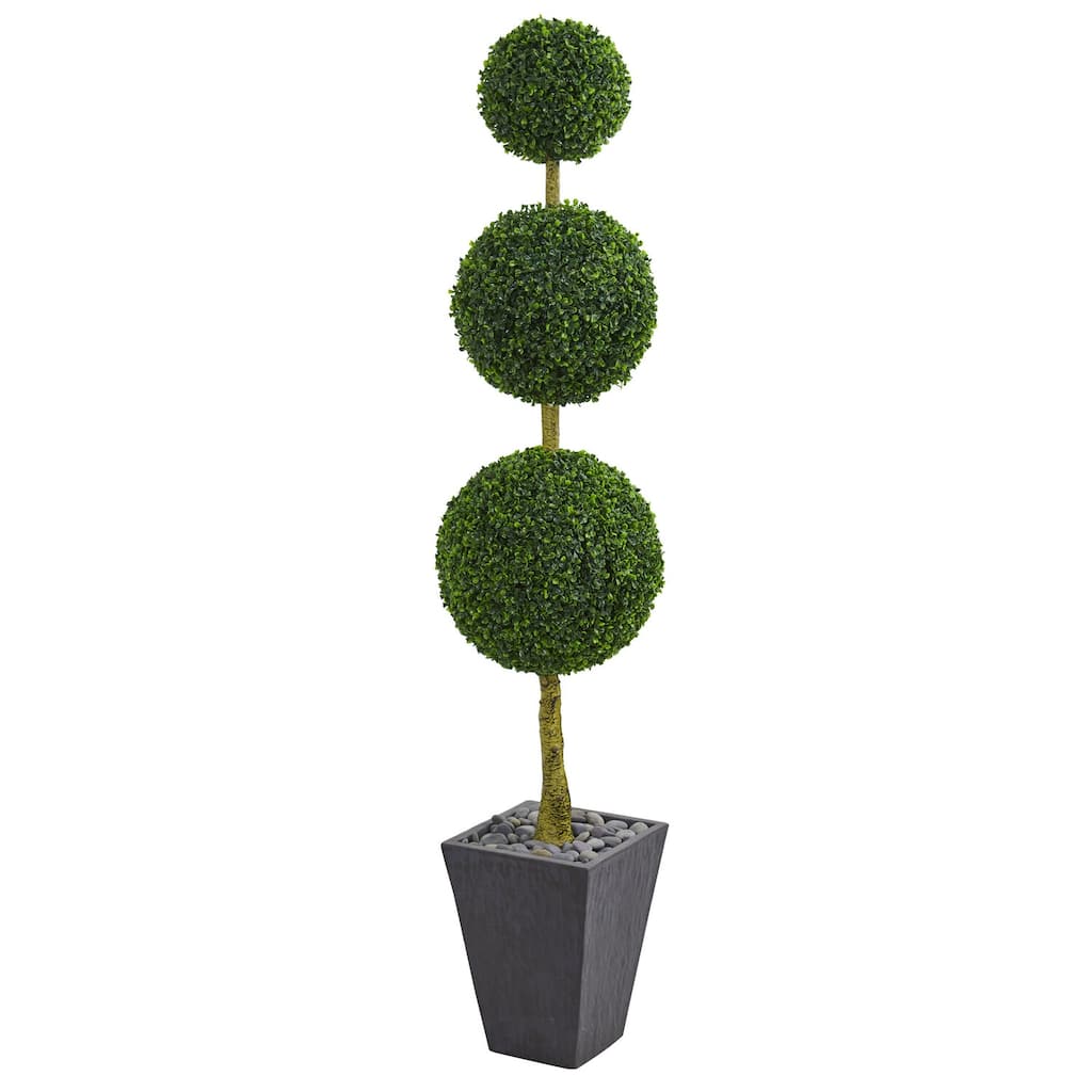 6ft Boxwood Triple Ball Topiary Artificial Tree in Slate Planter with UV Resistant Greenery for Elegant Walkway Decor