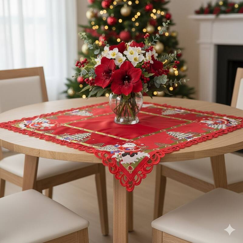 Santa Red Embroidered Cutwork Square Tablecloth, 44 inch square