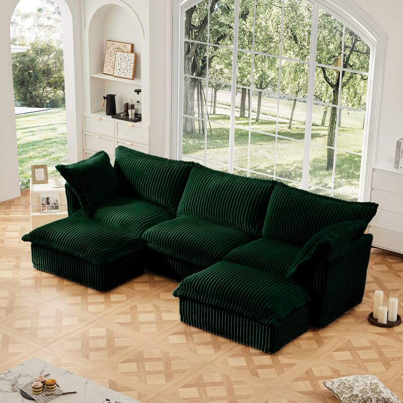 120" U-Shaped Corduroy Sectional Sofa with Slipcover & Cloud Cushions