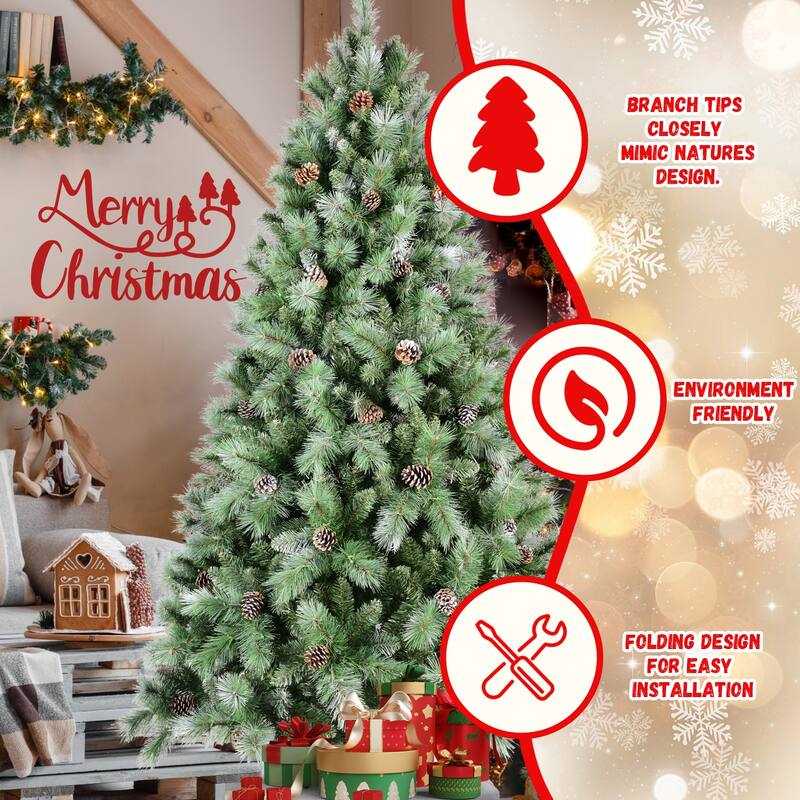 7.5FT Christmas Tree with 92 Pine Cones-1588 Tips, Mixed PVC & Hard Needle Branches,Hinged Structure for Easy Setup