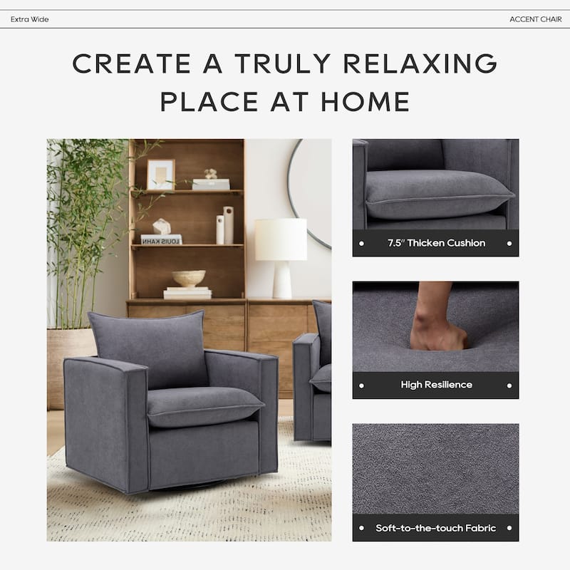 Swivel Accent Chair, 34'' Wide Upholstered Arm Chair with Plump Back Pillow, Modern Sofa Living Room Chair for Bedroom, Corner