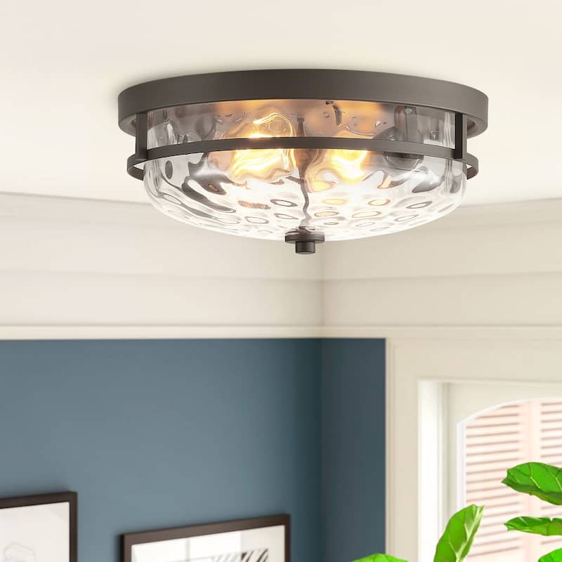 Vintage 2-Light Glass Flush Mount Drum Shape Stone Ripple Ceiling Lamp