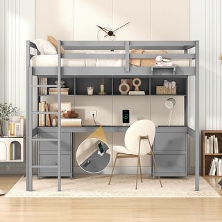Full Size Loft Bed with Desk and 4 Drawers, Wood Guardrail Bed with Bedside Tray Multiple Storage Design, Charging Station