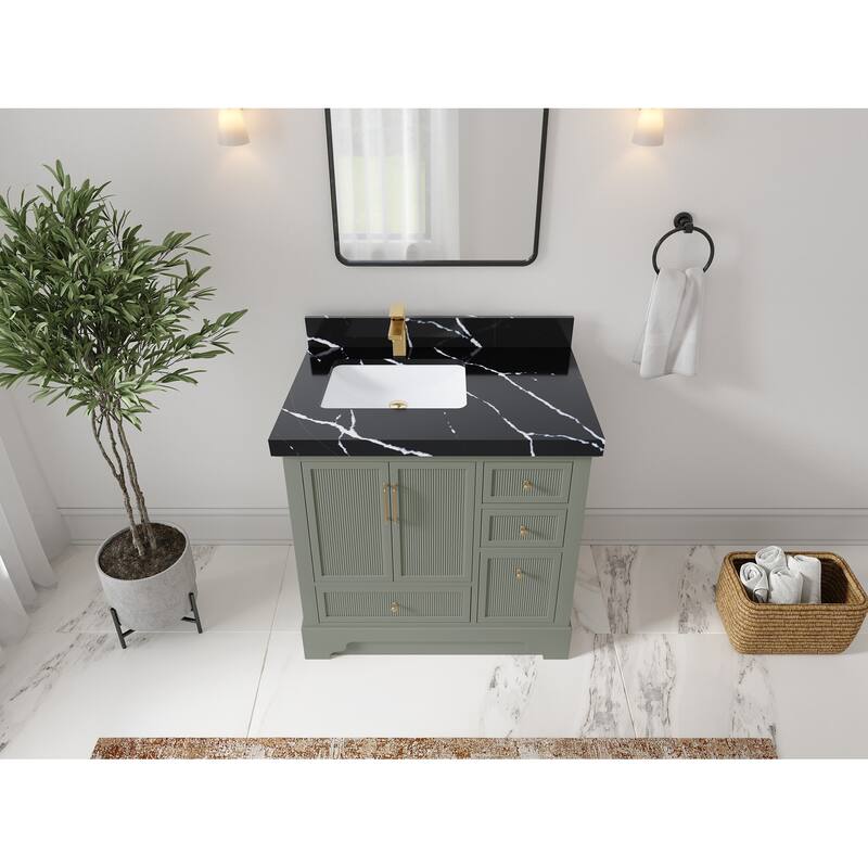 Willow Collections 36 in. W x 22 in. D Alys Left Offset Sink Bathroom Vanity with Countertop - 2"Calacatta Black - Evergreen