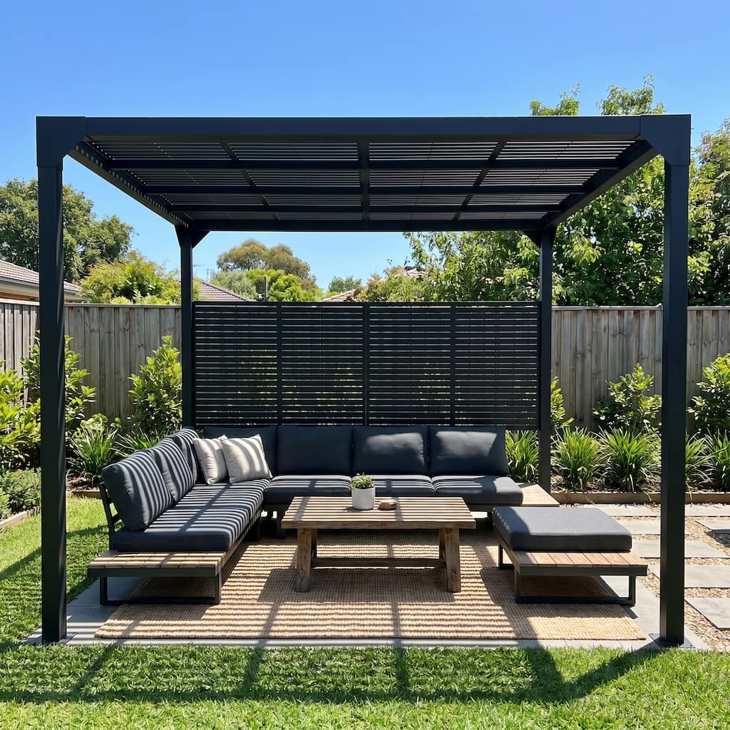 Black Metal Outdoor Pergola 10x8FT with Filtered Light Louvered Roof & Privacy Side Panel, Modern Heavy-Duty Patio Gazebo