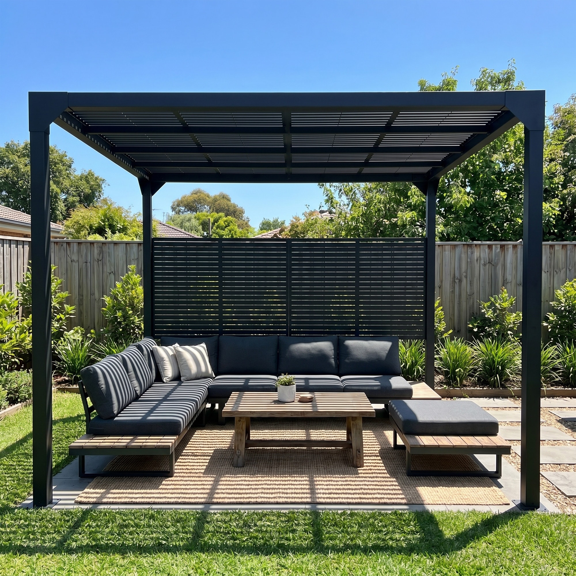 Black Metal Outdoor Pergola 10x8FT with Filtered Light Louvered Roof & Privacy Side Panel, Modern Heavy-Duty Patio Gazebo