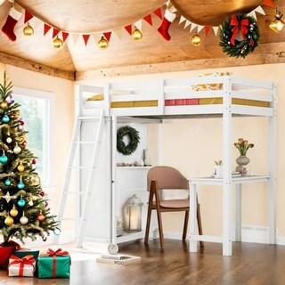 Eye-catching Design Twin Size Loft Bed with Wardrobe and Desk and Shelves,Multi-Functional Children's Bed,White