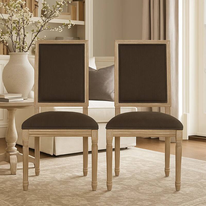 Kevin Dining Chair Set of 2, Brown Fabric Padded Seat, Natural Wood