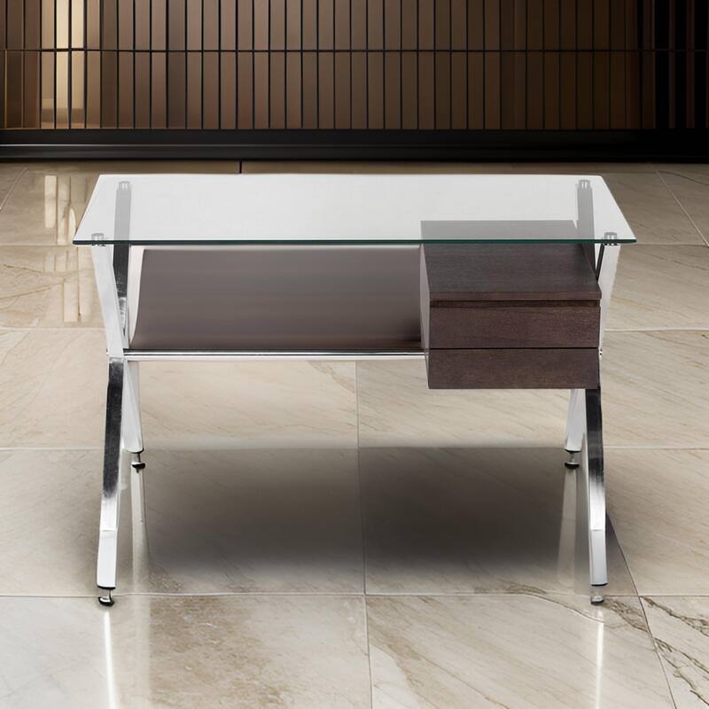 Tia 51 Inch Small Office Desk, Glass Tempered Top, 2 Drawers, Dark Brown