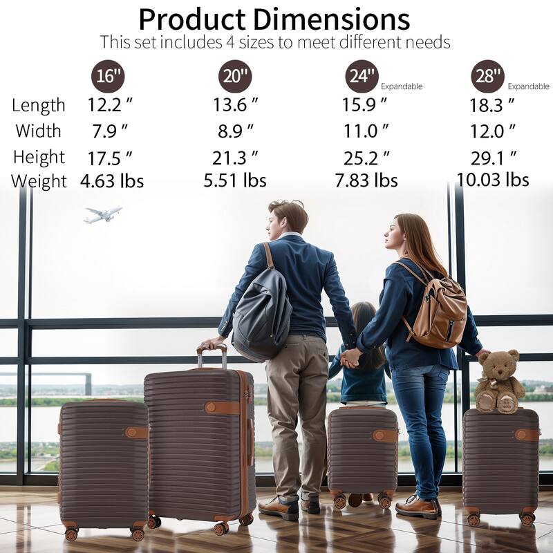 16/20/24/28 4-Piece Modern Expandable Luggage Sets with 4 Storage Bags, Swivel Wheels and TSA Lock for Boarding Travel, Brown