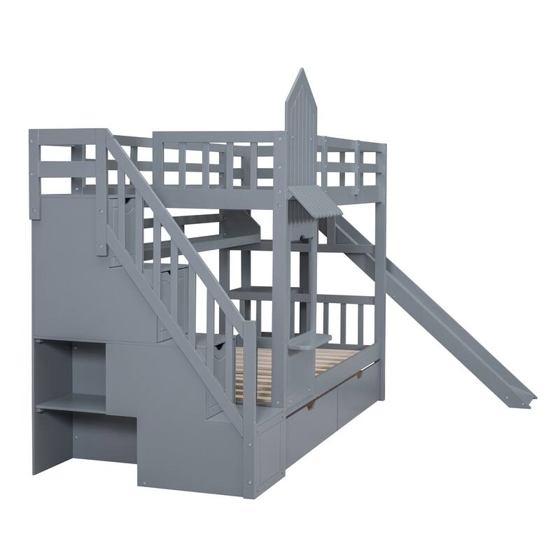 Twin Over Twin Pine Castle Bunk Bed with Slide, Drawers, Shelves, and Staircase