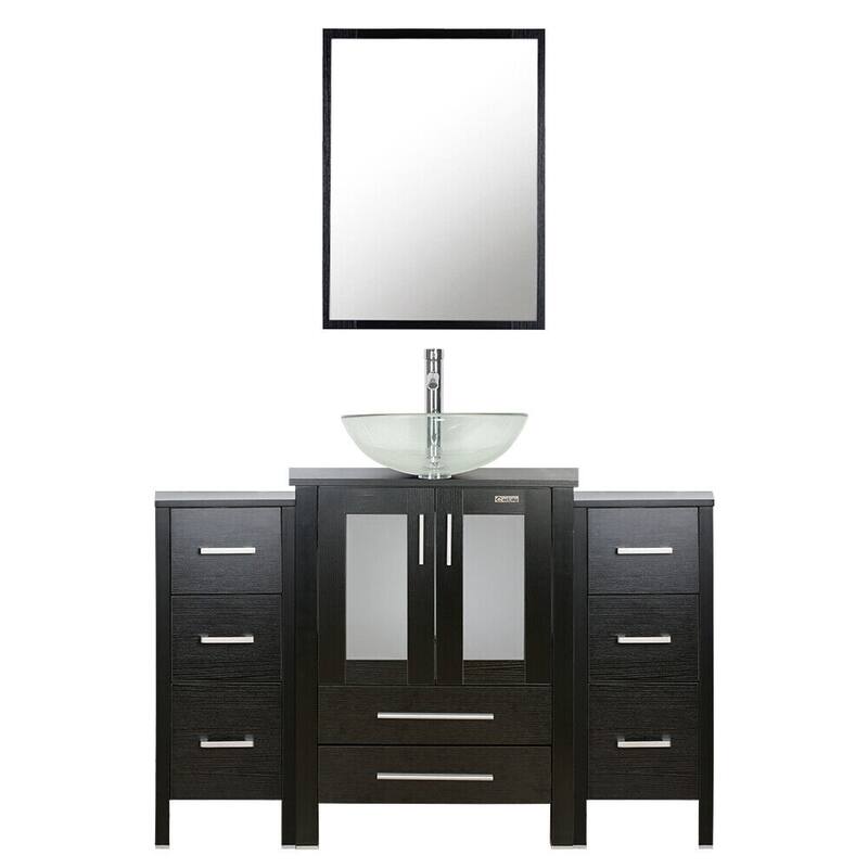48" Bathroom Vanity Set Vessel Sink Mirror Faucet W/ Small Cabinet Combo - clear round sink - Black
