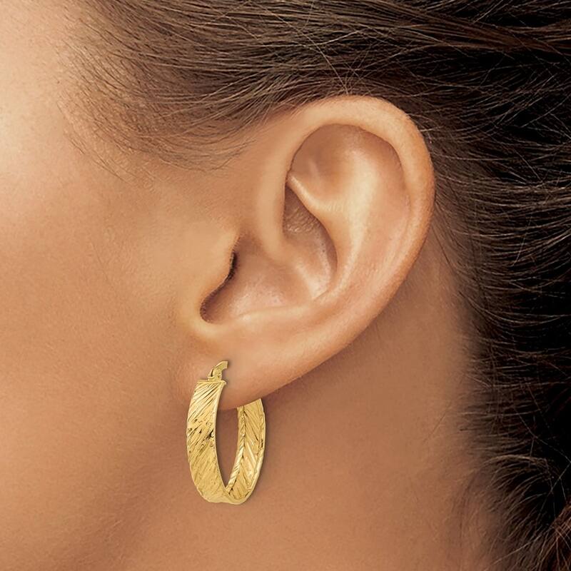 Curata 14k Yellow Gold Polished and Textured Round Hoop Earrings - 23.32x21.35mm
