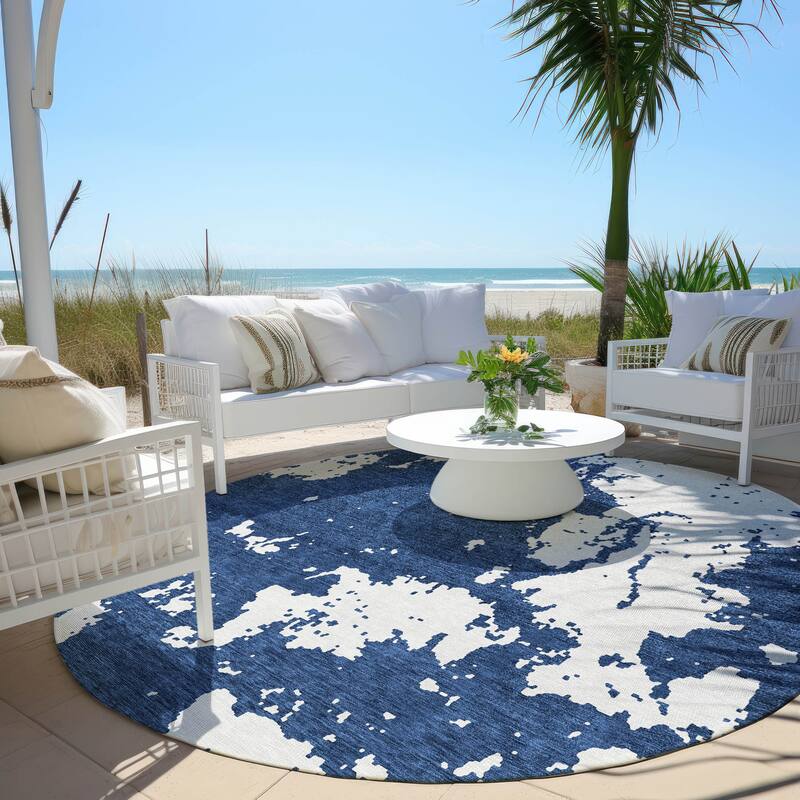 Machine Washable Indoor/ Outdoor Chantille Abstract Rug - Navy - 8' x 8'