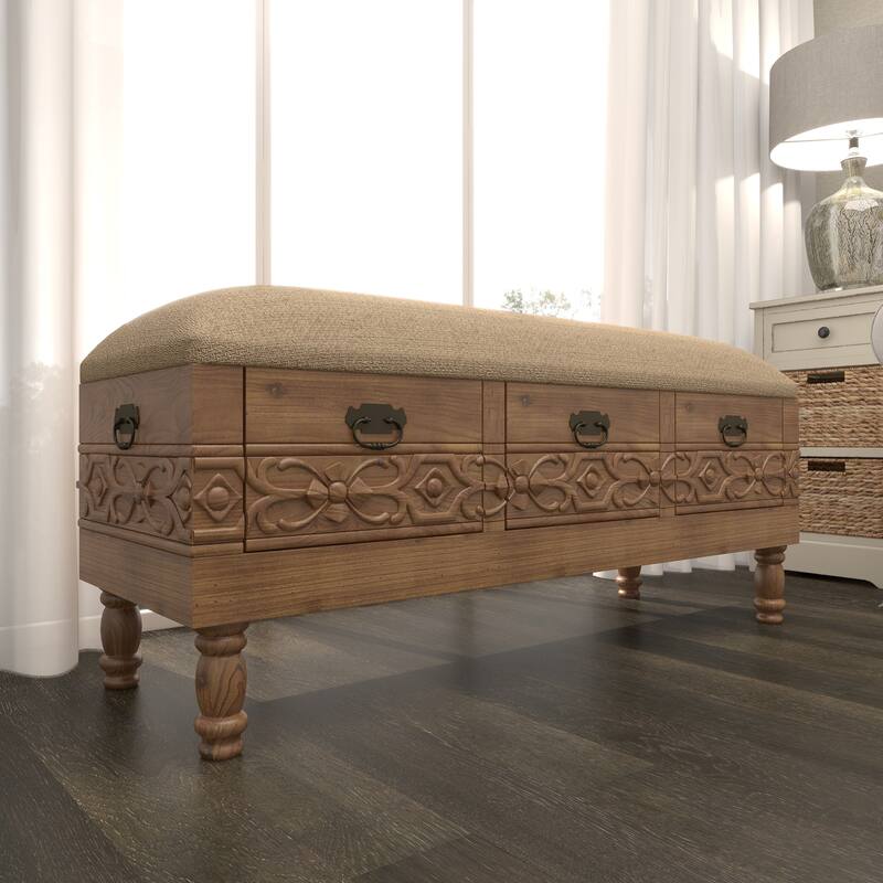 Brown Wood Intricately Carved Floral Storage Bench with Cream Burlap Top