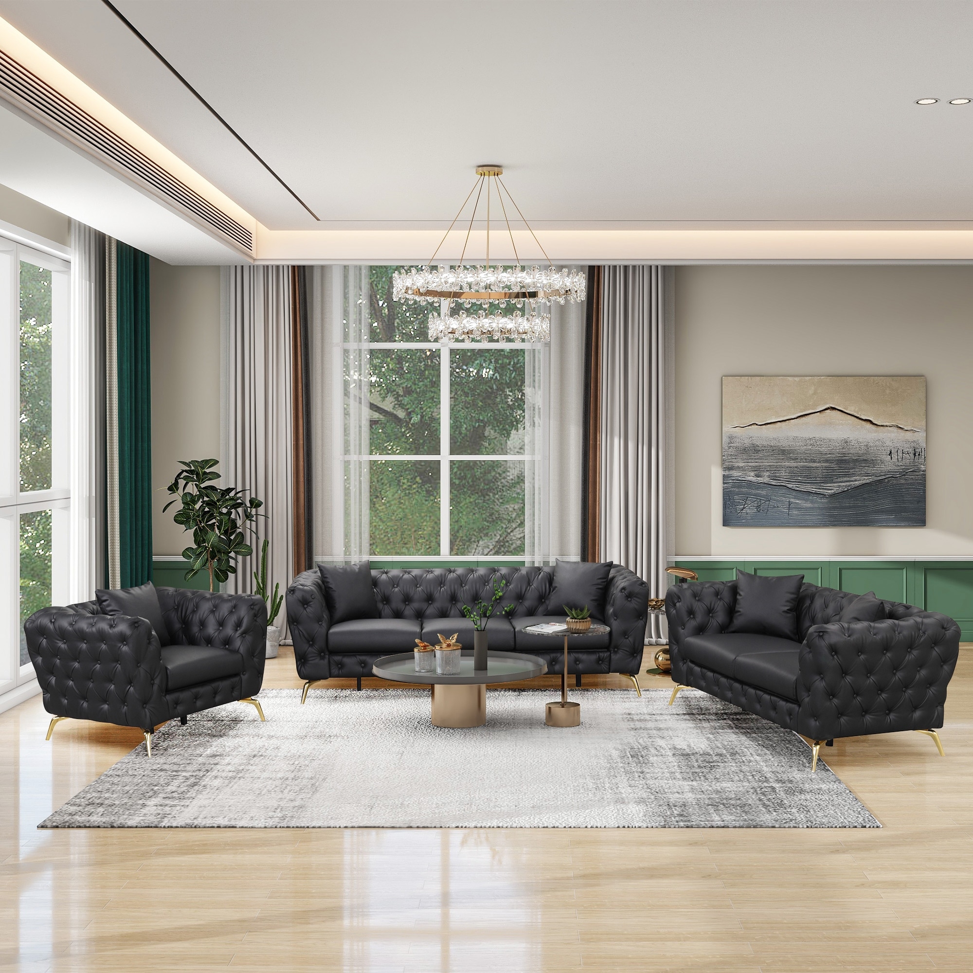 3 Piece PU Leather Sofa Set Upholstered Couch Set with Metal Legs
