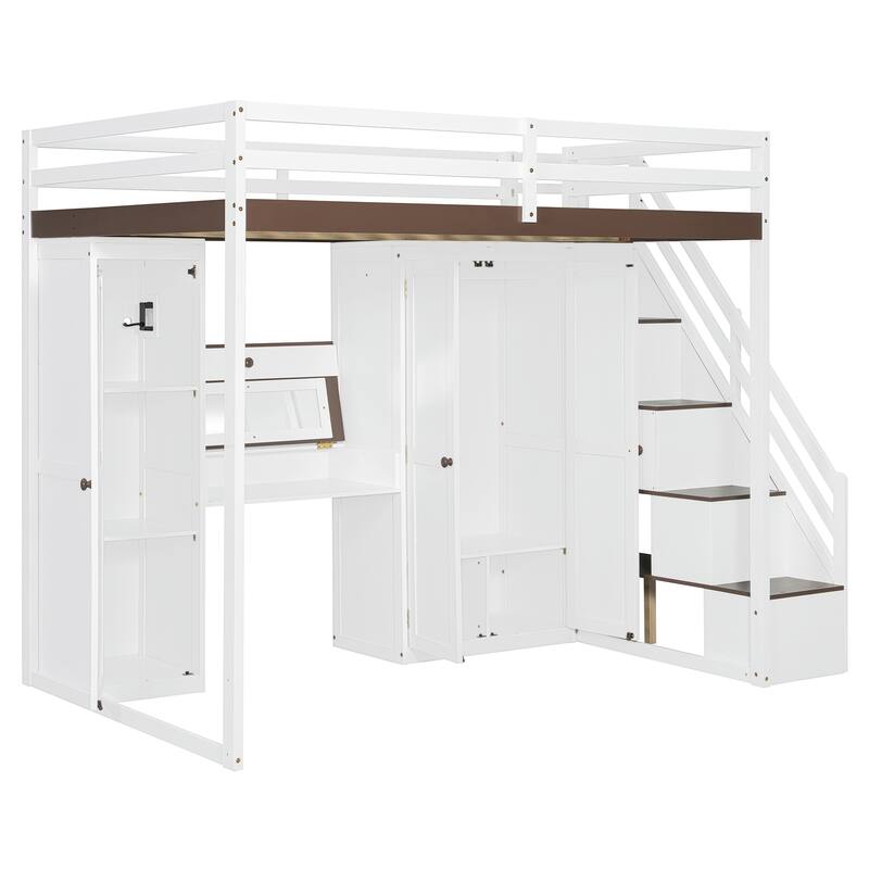 Full Size Loft Bed with Storage Staircase, Built-in Dressing Table, Mirror & Wardrobe - USB Charging & Lights