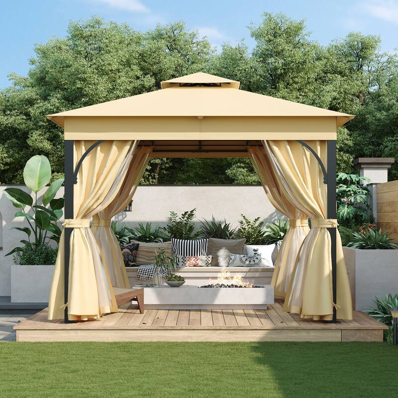 10x10 Outdoor Gazebo Tent with Double Roofs - Beige