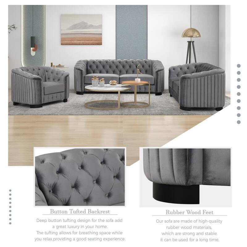 3-Pieces 6-Seat Velvet Sofa Set (3+2+1) with Rubber Wood Legs & Tufted Back