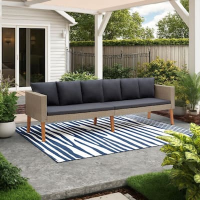 Outdoor 3 Seater Patio Sofa, 86 Inch Beige Poly Rattan, Gray Cushions