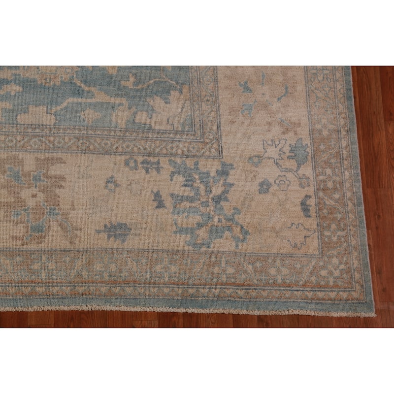 Floral Vegetable Dye Blue Oushak Turkishrug Hand-Knotted Wool Carpet - 9'7"x 13'3"