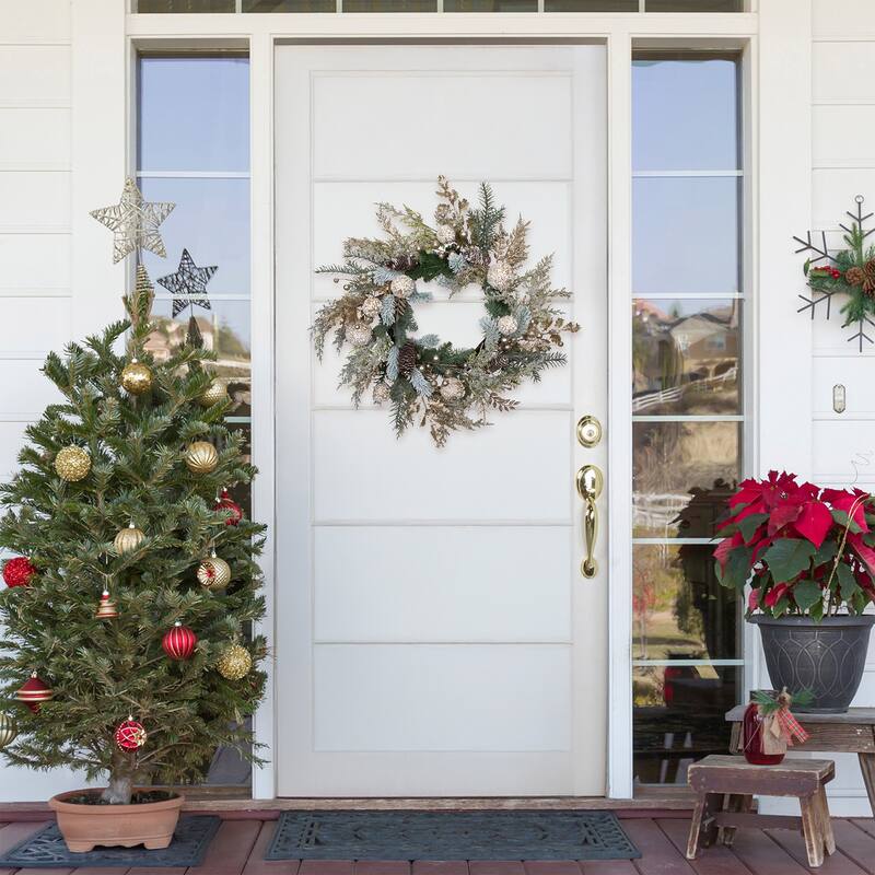 Glittered Mixed Foliage with Ornaments Artificial Christmas Wreath - 24" - Unlit