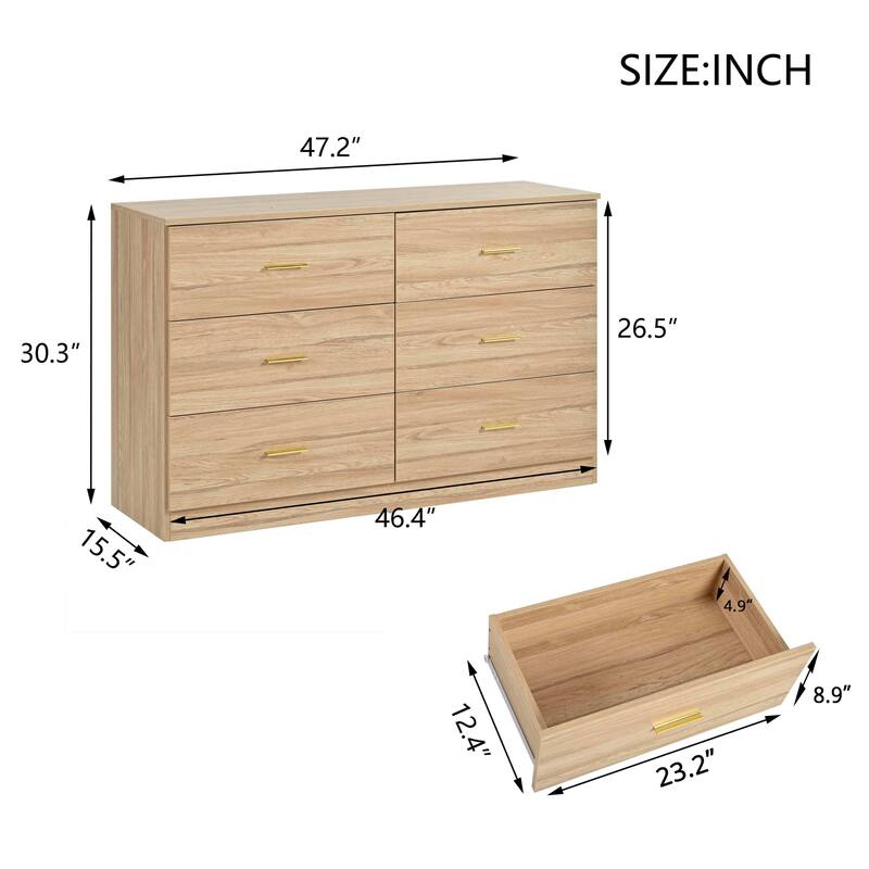 Modern Minimalist Style Drawer Dresser Large Space Storage Cabinet with 6 Drawers Gold Handles, for Bedroom